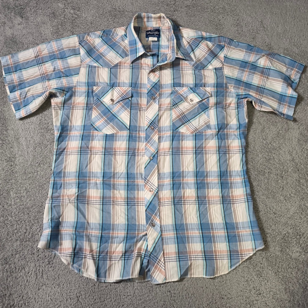 Wrangler Mens L Western Shirt Blue Plaid Pearl Snap Short‎ Sleeve 76486AA